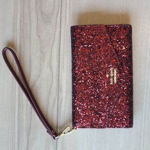 Kate Spade Glitter Trifold Phone Holder Wristlet/Wallet Red and Maroon 6"×4"